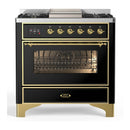 ILVE Majestic III 36-inch Dual Fuel Range with 6 Natural Gas Burner, Griddle and Triple Glass Door Electric Oven in Glossy Black with Brass Trim (UM36FNR3BKG)