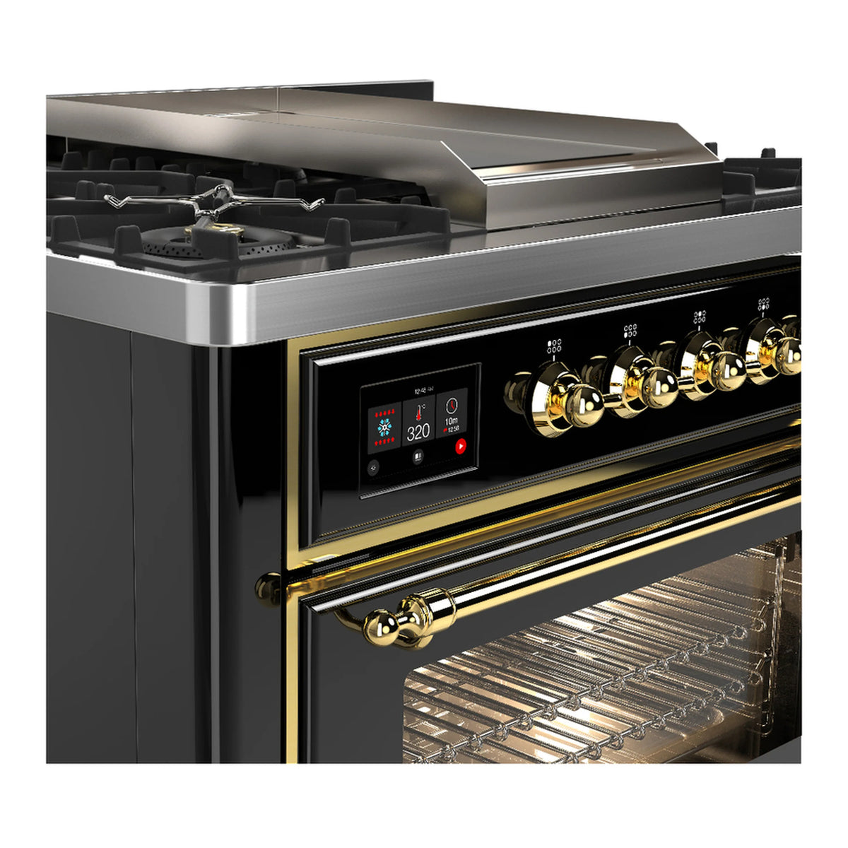 ILVE dual fuel range control knobs and open oven with metal racks, glossy black