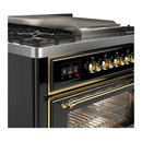 ILVE Majestic III 36-inch Dual Fuel Range with 6 Natural Gas Burner, Griddle and Triple Glass Door Electric Oven in Glossy Black with Brass Trim (UM36FNR3BKG)
