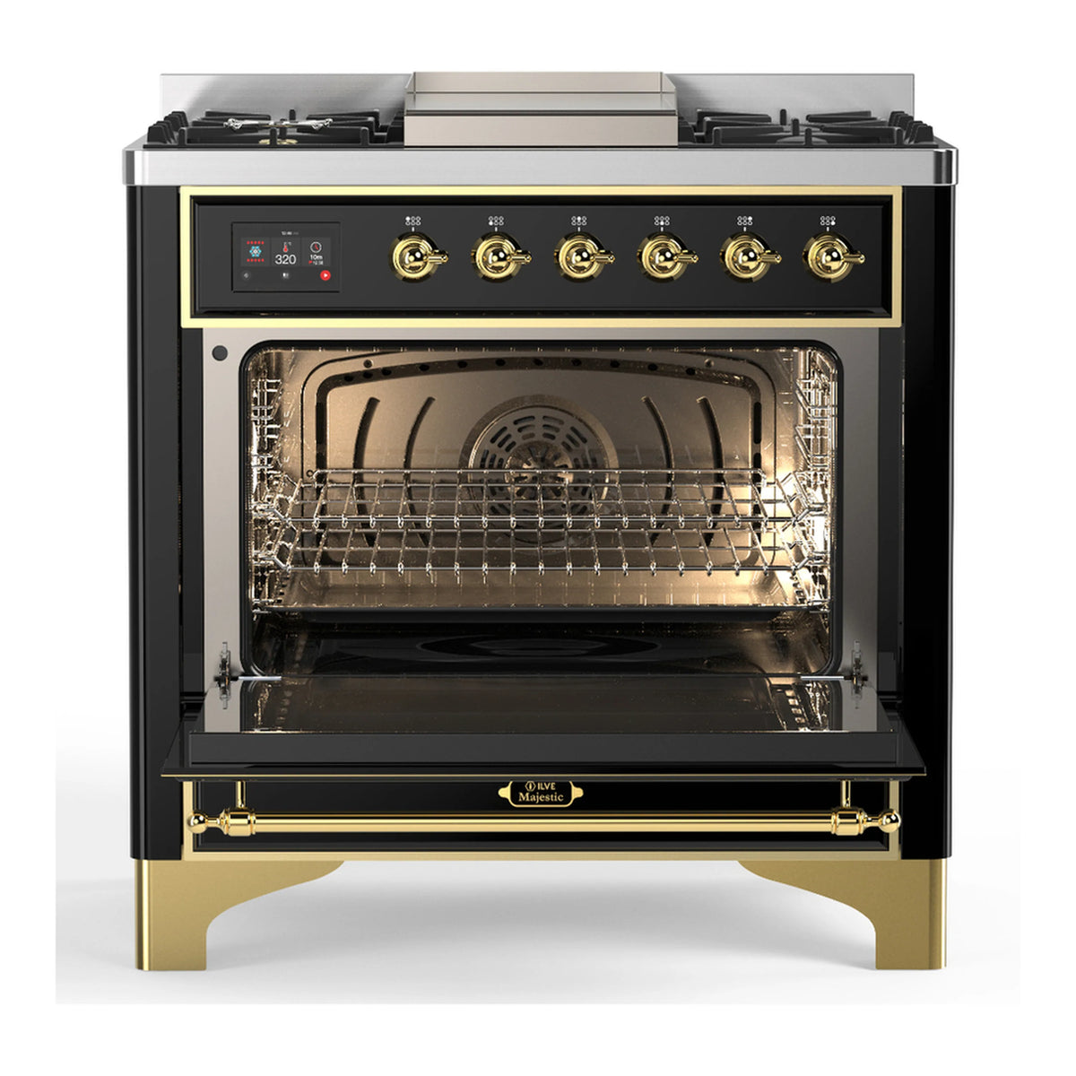 ILVE dual fuel range front, glossy black; oven door open with baking cavity and rack