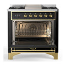 ILVE Majestic III 36-inch Dual Fuel Range with 6 Natural Gas Burner, Griddle and Triple Glass Door Electric Oven in Glossy Black with Brass Trim (UM36FNR3BKG)