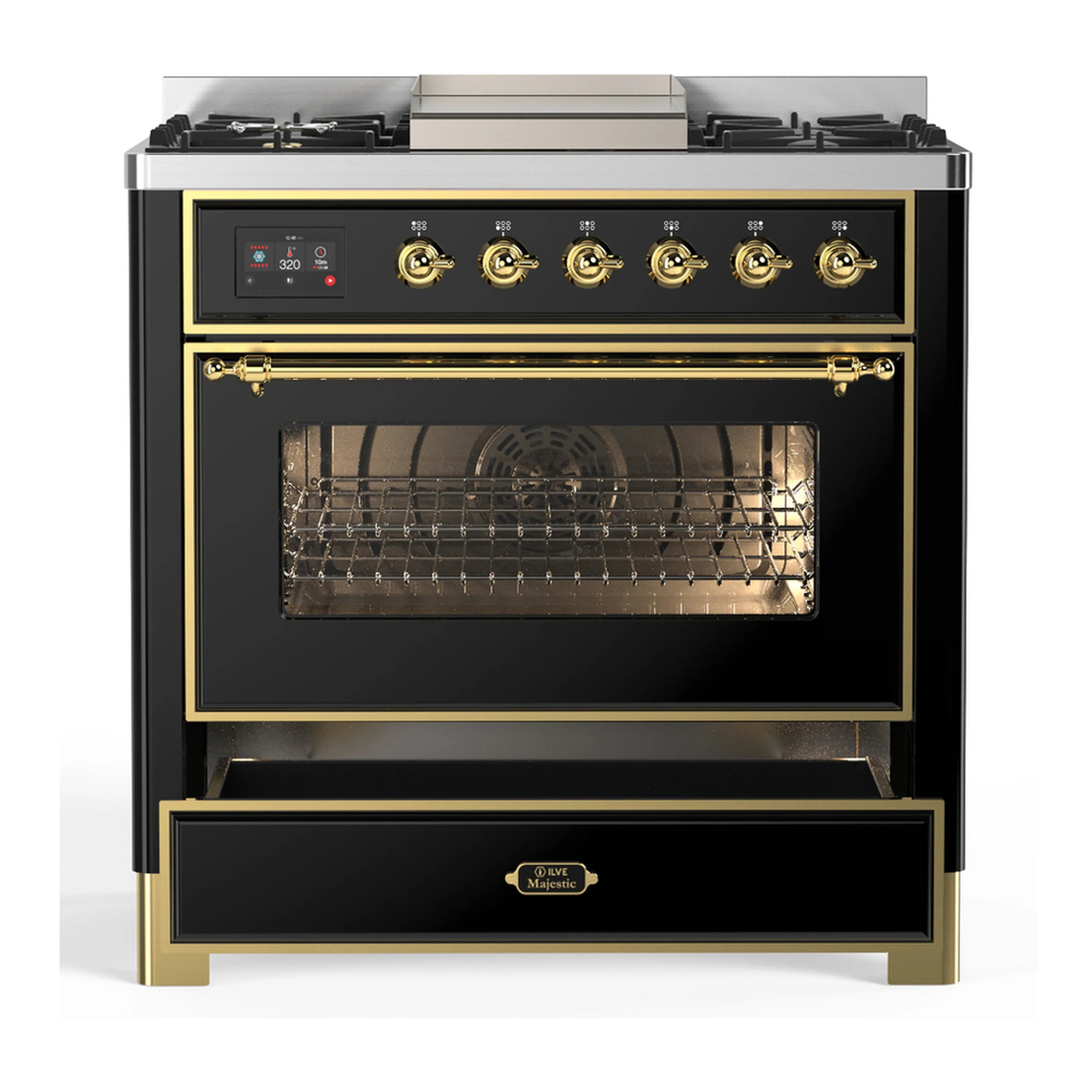 ILVE dual fuel range, glossy black with brass trim; open electric oven door view