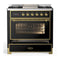 ILVE Majestic III 36-inch Dual Fuel Range with 6 Natural Gas Burner, Griddle and Triple Glass Door Electric Oven in Glossy Black with Brass Trim (UM36FNR3BKG)