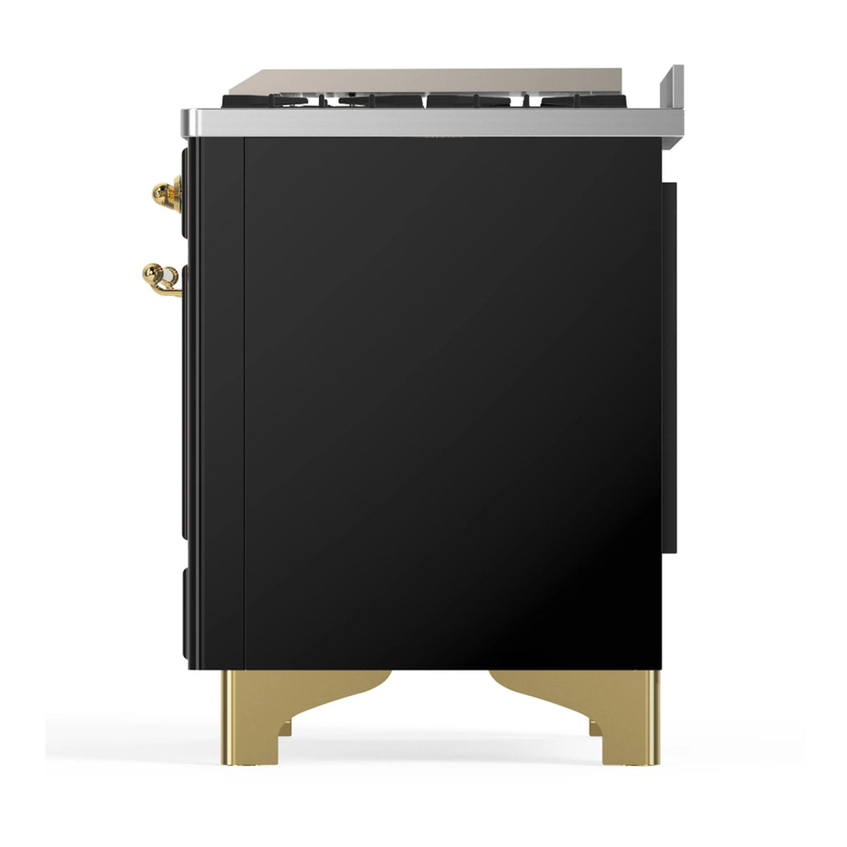 ILVE dual fuel range side panel, glossy black body with brass base feet