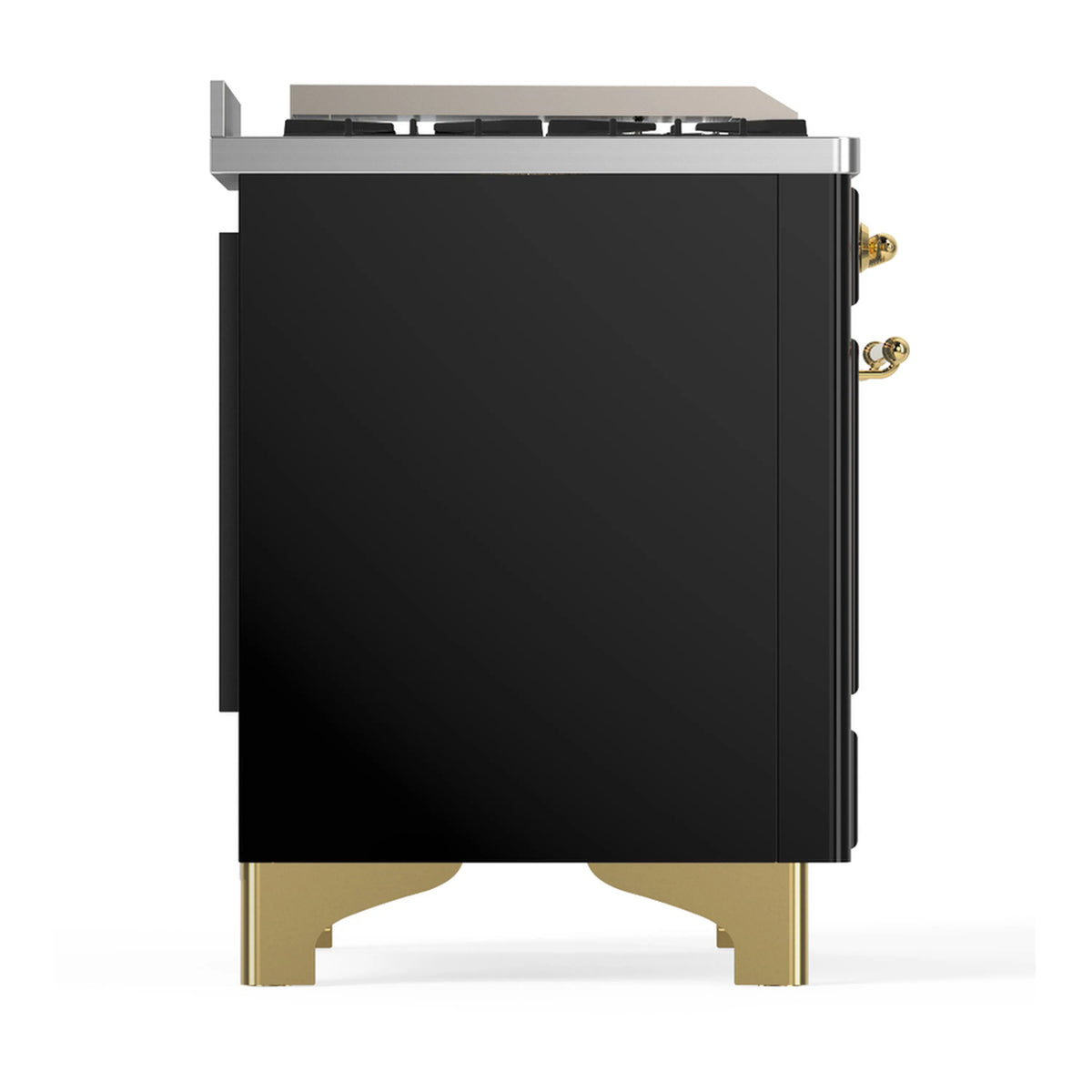 ILVE dual fuel range rear side panel, glossy black with brass lower trim