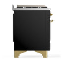 ILVE Majestic III 36-inch Dual Fuel Range with 6 Natural Gas Burner, Griddle and Triple Glass Door Electric Oven in Glossy Black with Brass Trim (UM36FNR3BKG)
