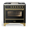 ILVE Majestic III 36-inch Dual Fuel Range with 5 Liquid Propane Burner, Griddle and Triple Glass Door Electric Oven in Glossy Black with Brass Trim (UM36FNR3BKGLP)