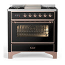ILVE Majestic III 36-inch Dual Fuel Range with 6 Natural Gas Burner, Griddle and Triple Glass Door Electric Oven in Glossy Black with Copper Trim (UM36FNR3BKP)