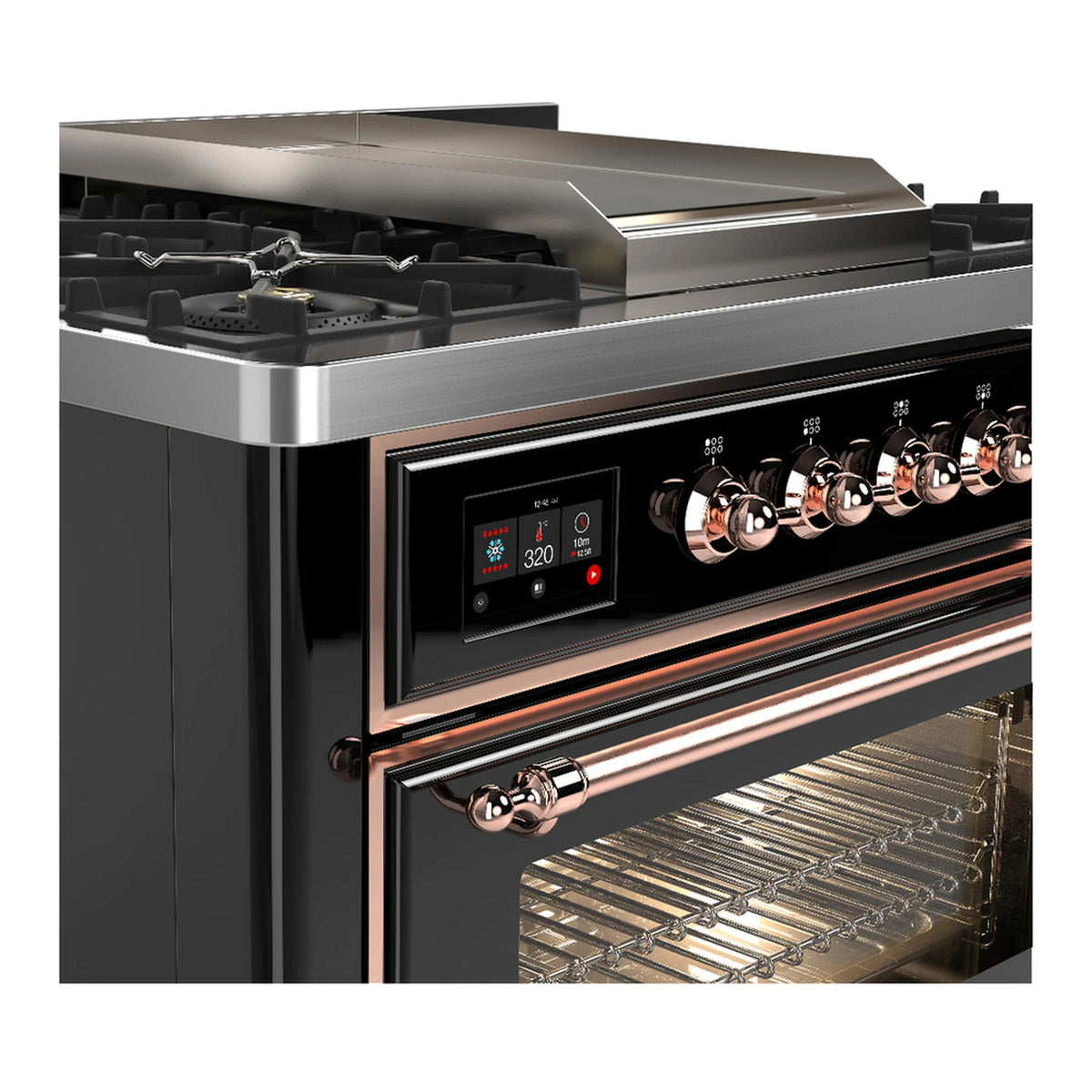 Copper-trimmed control knobs on glossy black range, with open oven and wire rack inside.