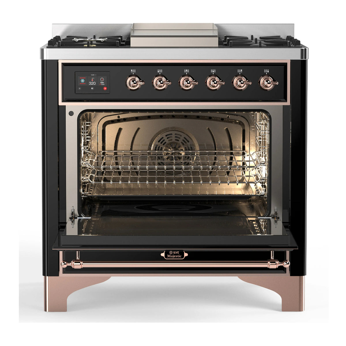 Glossy black dual fuel range with copper trim; 5 burners and electric oven open, racks visible.