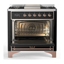 ILVE Majestic III 36-inch Dual Fuel Range with 5 Liquid Propane Burner, Griddle and Triple Glass Door Electric Oven in Glossy Black with Copper Trim (UM36FNR3BKPLP)