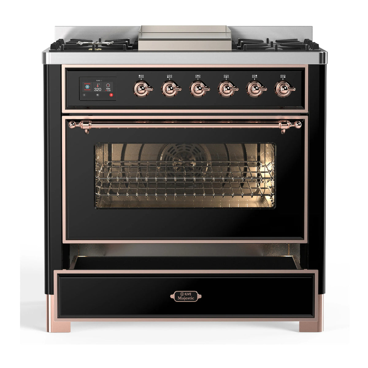 Dual fuel range with closed oven doors and copper-trim handle and trim