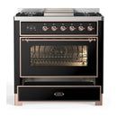 ILVE Majestic III 36-inch Dual Fuel Range with 6 Natural Gas Burner, Griddle and Triple Glass Door Electric Oven in Glossy Black with Copper Trim (UM36FNR3BKP)