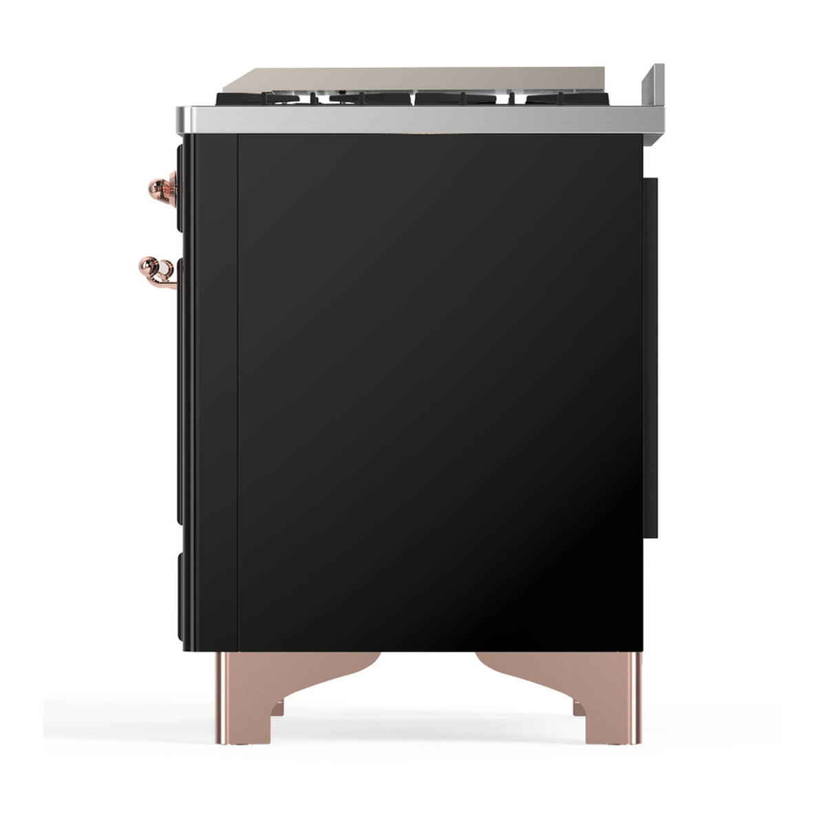 Glossy black range side panel with copper feet and side controls; dual fuel 36-inch style.