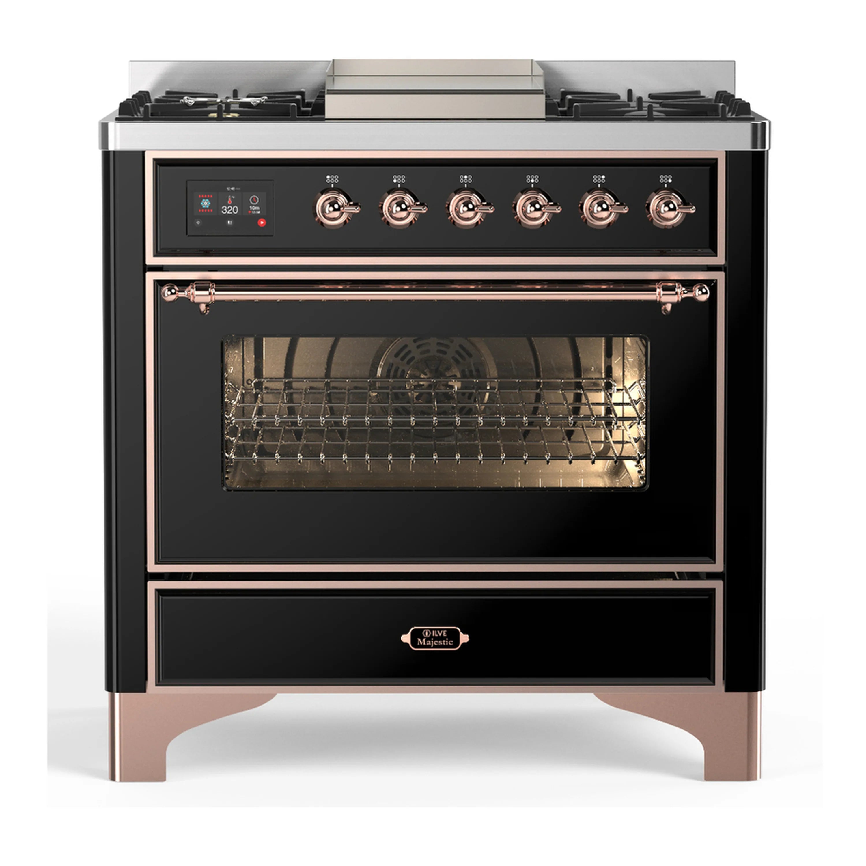 Glossy black dual fuel range with copper trim, 5 burners and electric oven, triple glass door.