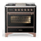 ILVE Majestic III 36-inch Dual Fuel Range with 6 Natural Gas Burner, Griddle and Triple Glass Door Electric Oven in Glossy Black with Copper Trim (UM36FNR3BKP)