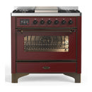 ILVE Majestic III 36-inch Dual Fuel Range with 6 Natural Gas Burner, Griddle and Triple Glass Door Electric Oven in Burgundy with Burnished Trim (UM36FNR3BUB)
