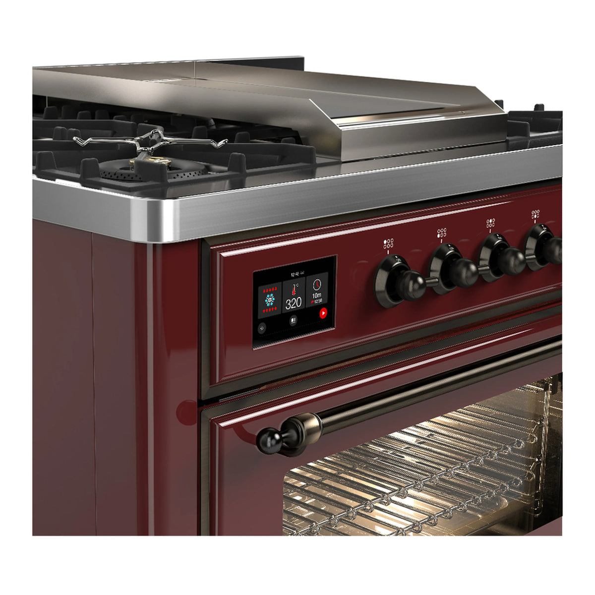 Burgundy range control panel with knobs and digital display, stainless trim and oven door