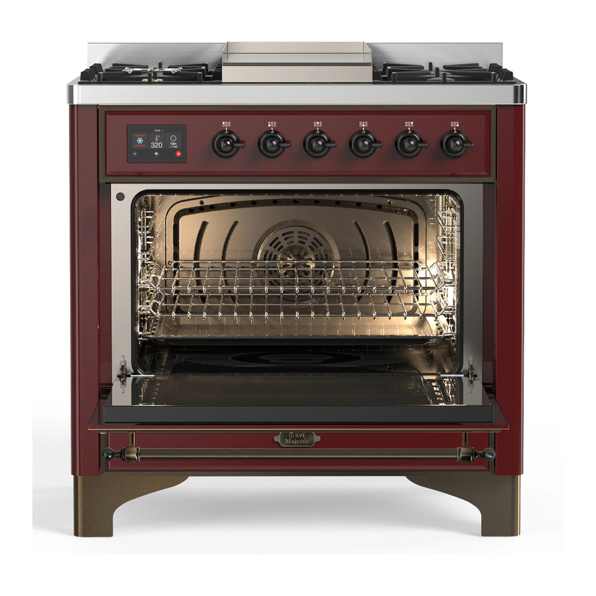 Burgundy dual fuel range with open oven door showing rack and warm interior light