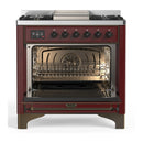 ILVE Majestic III 36-inch Dual Fuel Range with 6 Natural Gas Burner, Griddle and Triple Glass Door Electric Oven in Burgundy with Burnished Trim (UM36FNR3BUB)