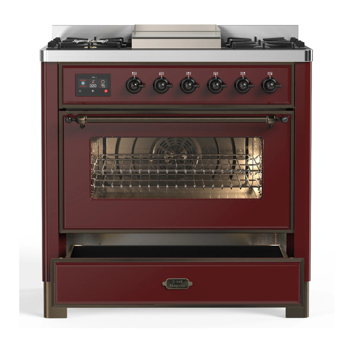 Burgundy dual fuel range with front control knobs and closed electric oven door