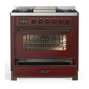 ILVE Majestic III 36-inch Dual Fuel Range with 6 Natural Gas Burner, Griddle and Triple Glass Door Electric Oven in Burgundy with Burnished Trim (UM36FNR3BUB)