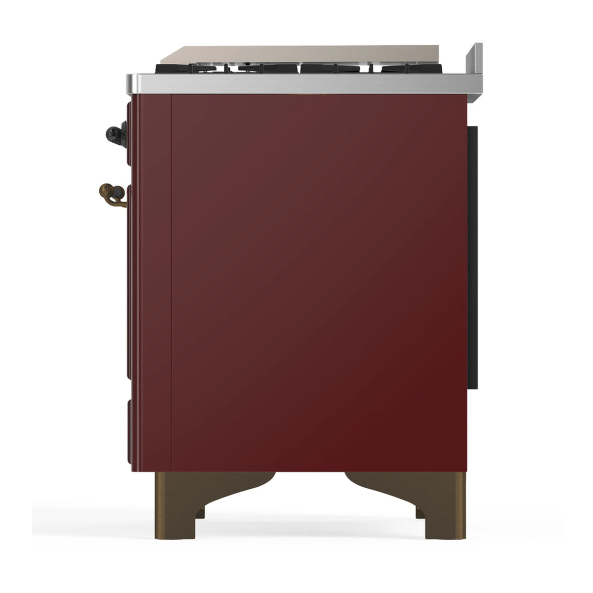 Burgundy dual fuel range with stainless top and burnished trim, front view