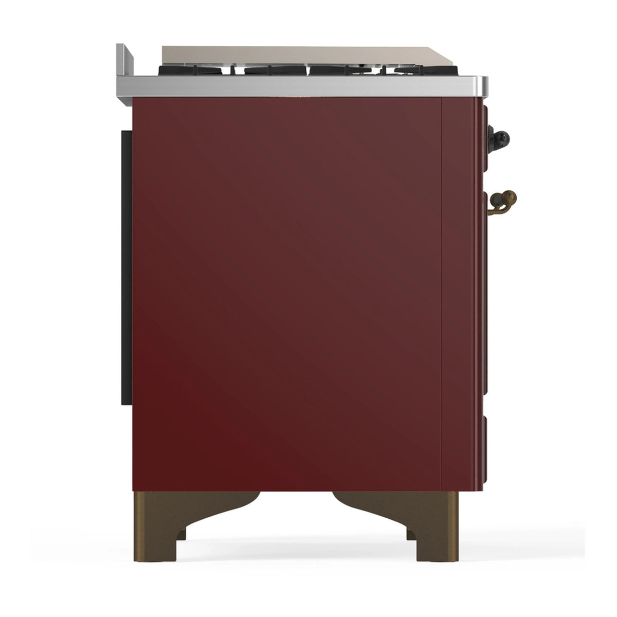 Burgundy dual fuel range with stainless cooktop surround and side handles