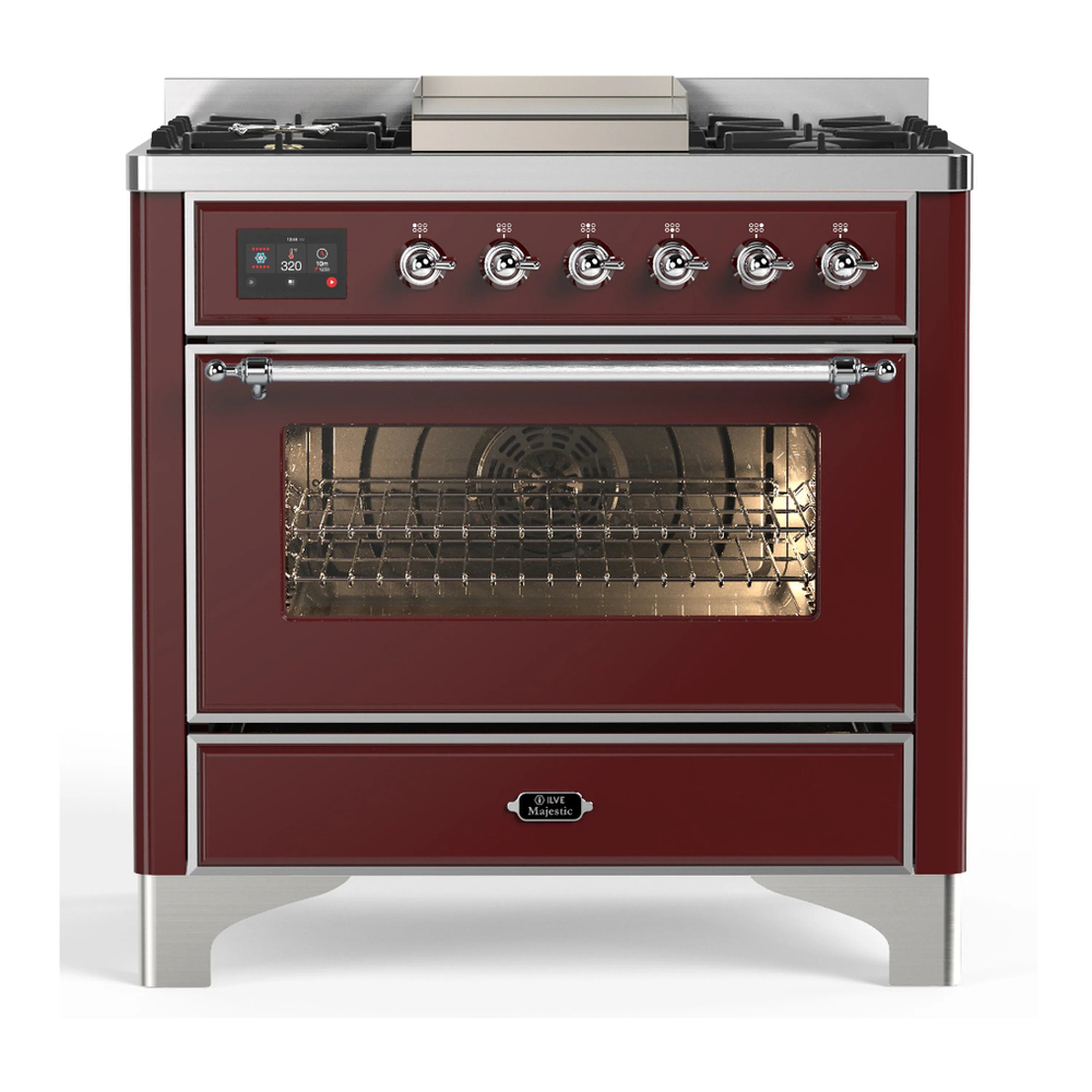 Burgundy dual fuel range with chrome trim, open oven door, and control panel knobs