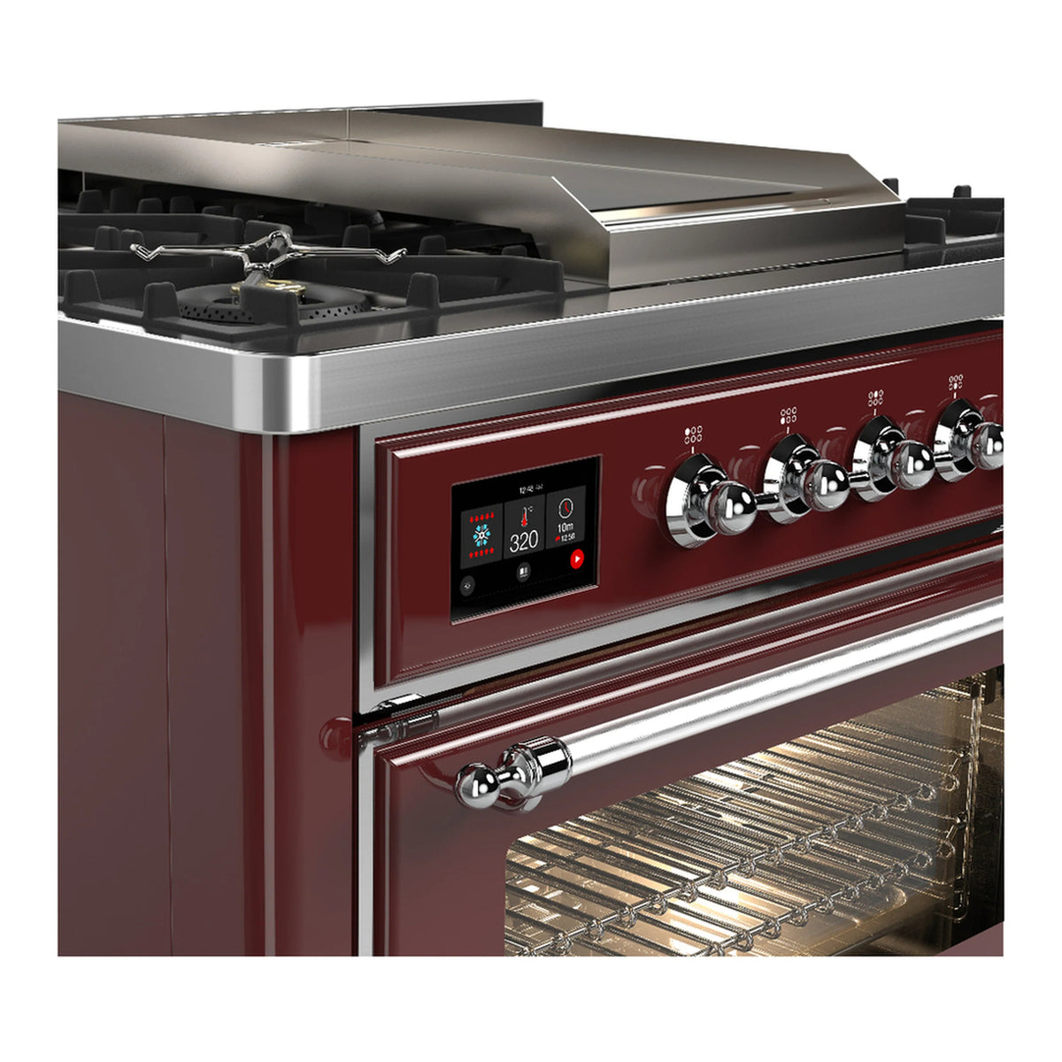Burgundy range control panel with chrome knobs and open oven with wire rack
