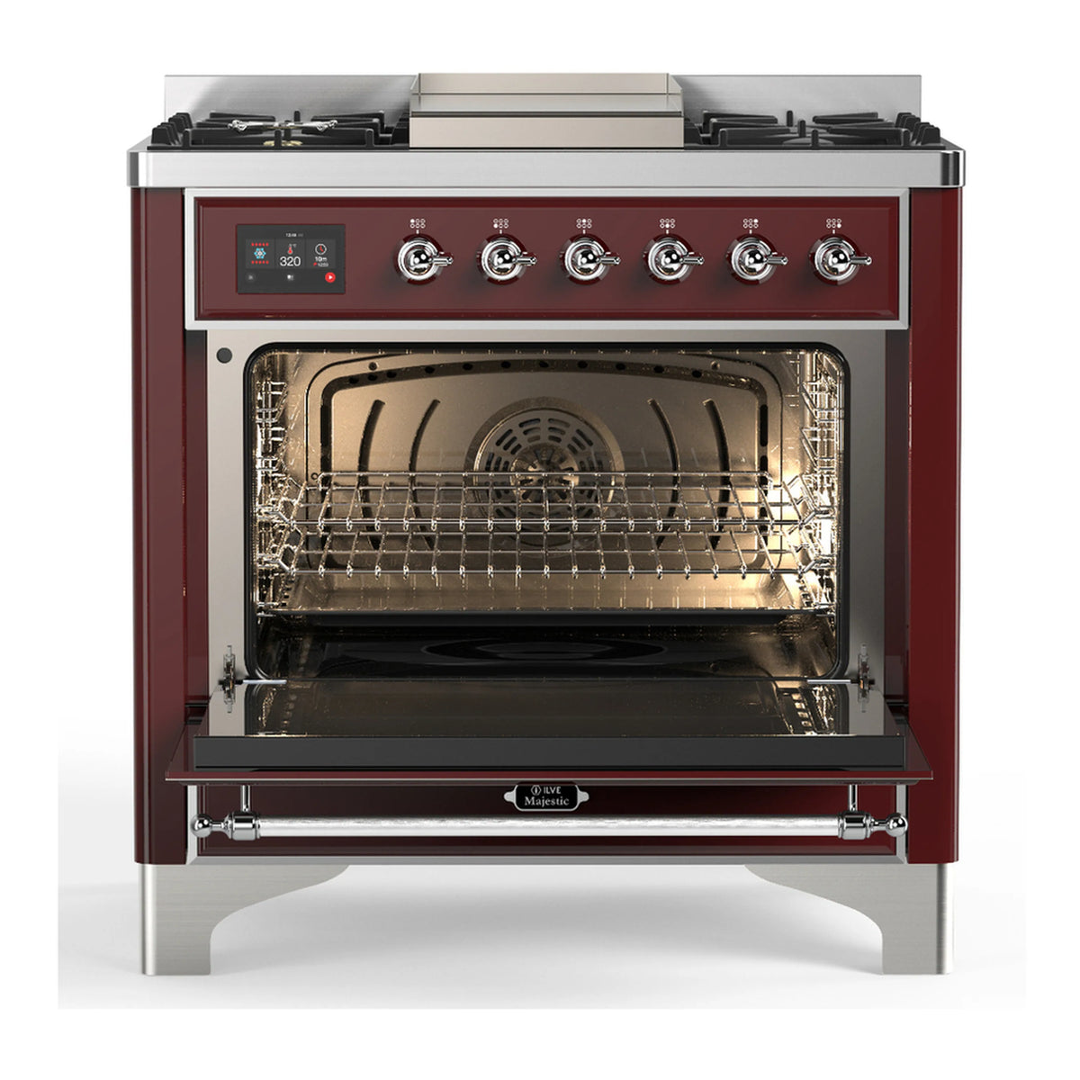 Burgundy dual fuel range oven door open with chrome handle and triple glass window
