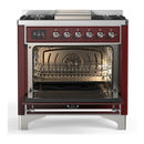 ILVE Majestic III 36-inch Dual Fuel Range with 6 Natural Gas Burner, Griddle and Triple Glass Door Electric Oven in Burgundy with Chrome Trim (UM36FNR3BUC)