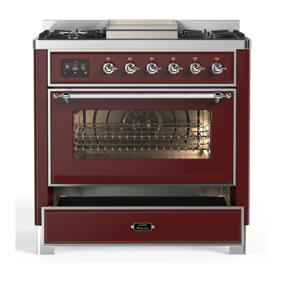 Burgundy dual fuel range with open oven door, wire racks inside, and chrome trim