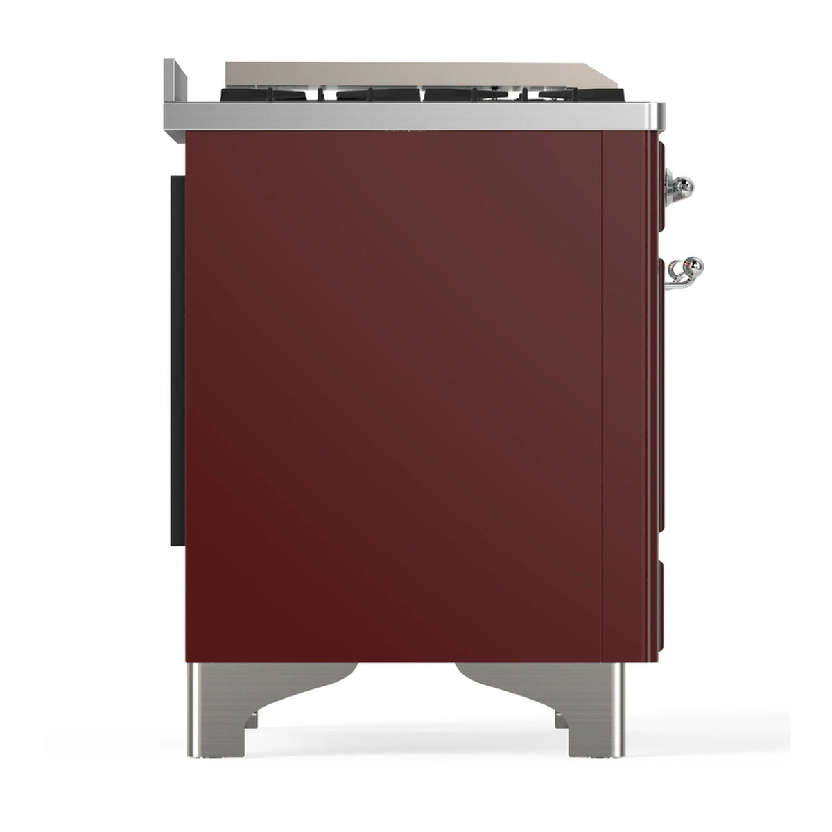 Burgundy dual fuel range back/side panel with stainless trim and rear access knobs