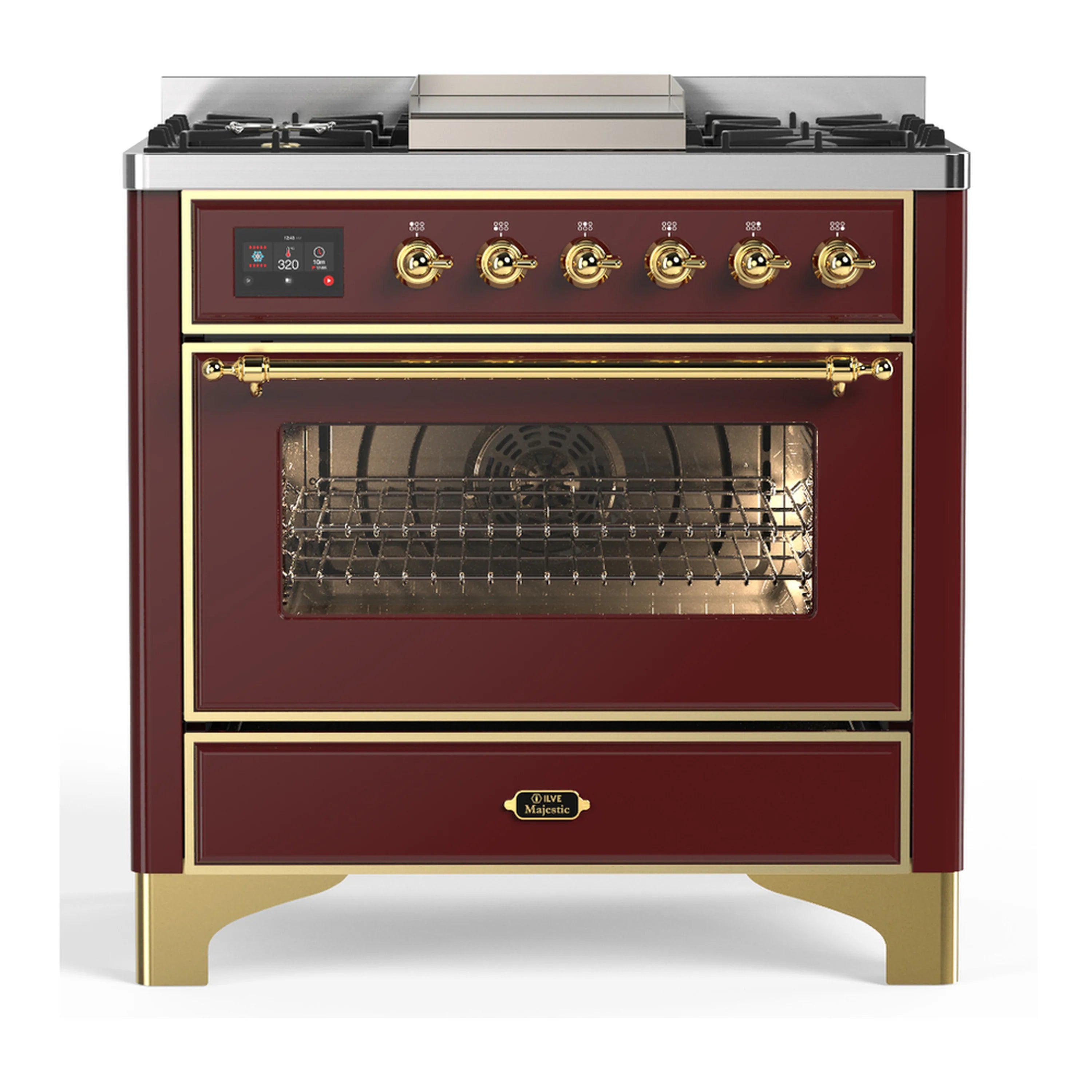 Burgundy dual fuel range with brass control knobs and oven window