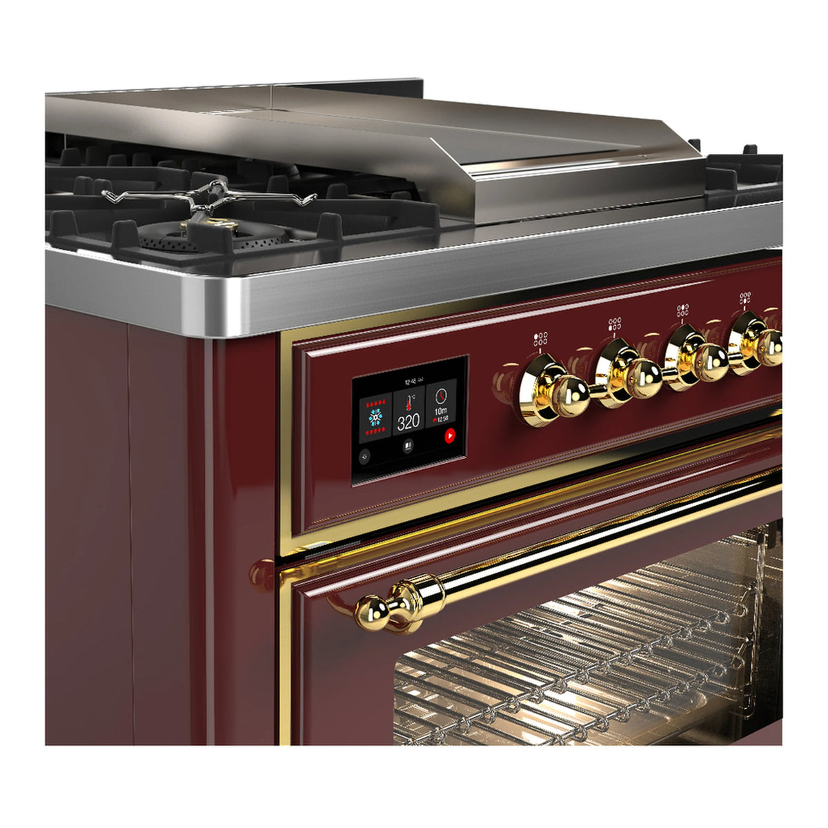 Burgundy range with brass control panel, burner grates, and oven door window