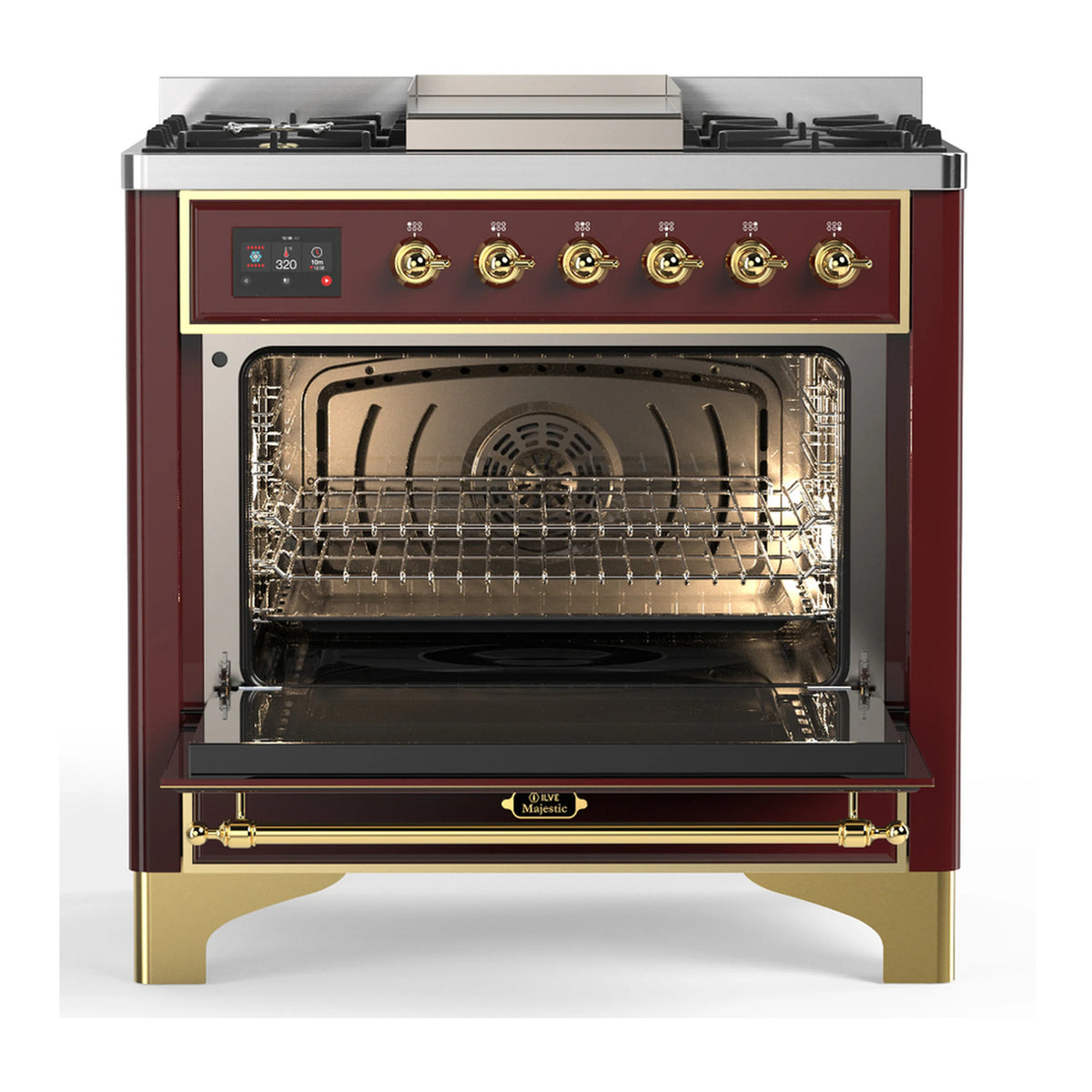 Burgundy range with brass trim, open oven door showing wire racks inside.