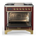 ILVE Majestic III 36-inch Dual Fuel Range with 5 Liquid Propane Burner, Griddle and Triple Glass Door Electric Oven in Burgundy with Brass Trim (UM36FNR3BUGLP)