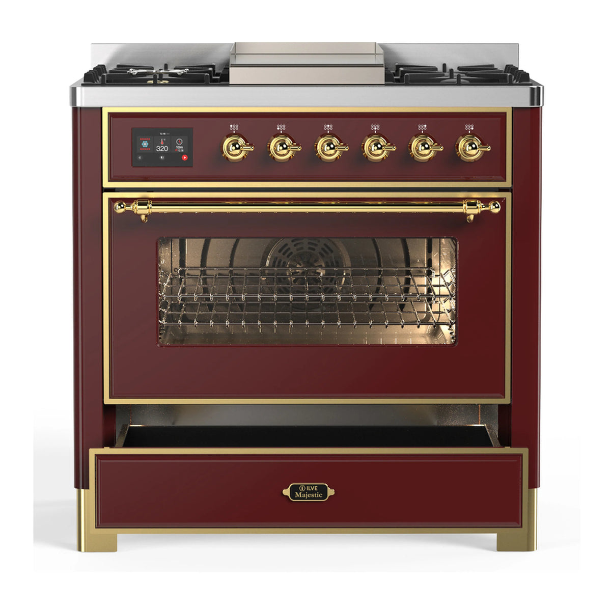 Burgundy electric oven door with brass trim, control panel, and open warming drawer