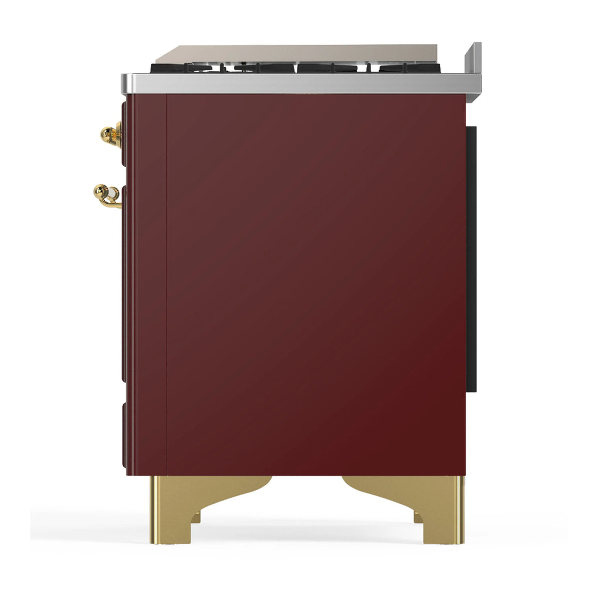 Burgundy dual fuel range with brass base and stainless cooktop trim