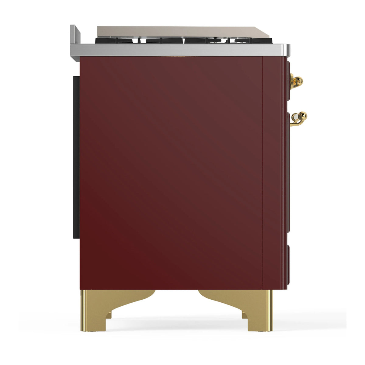 Burgundy dual-fuel range with brass trim, three-quarter side view showing front.