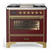 ILVE Majestic III 36-inch Dual Fuel Range with 6 Natural Gas Burner, Griddle and Triple Glass Door Electric Oven in Burgundy with Brass Trim (UM36FNR3BUG)