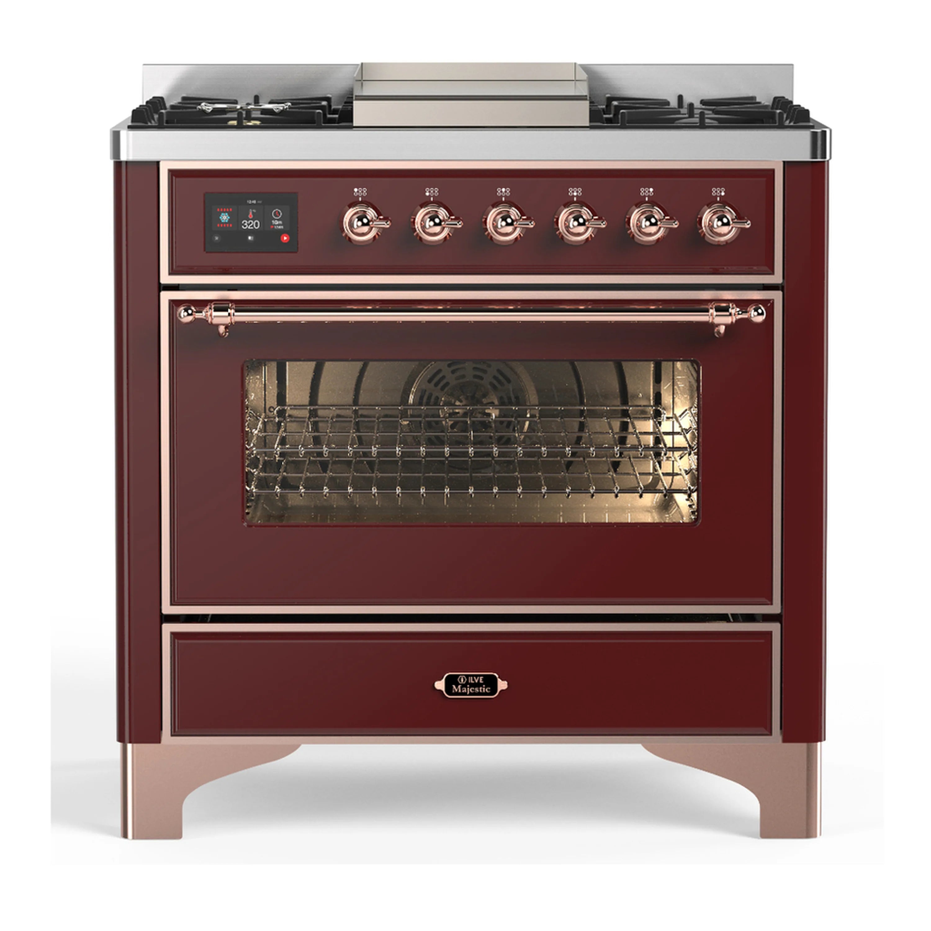 Burgundy dual-fuel range with copper-trim oven door and visible interior racks