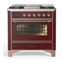 ILVE Majestic III 36-inch Dual Fuel Range with 6 Natural Gas Burner, Griddle and Triple Glass Door Electric Oven in Burgundy with Copper Trim (UM36FNR3BUP)