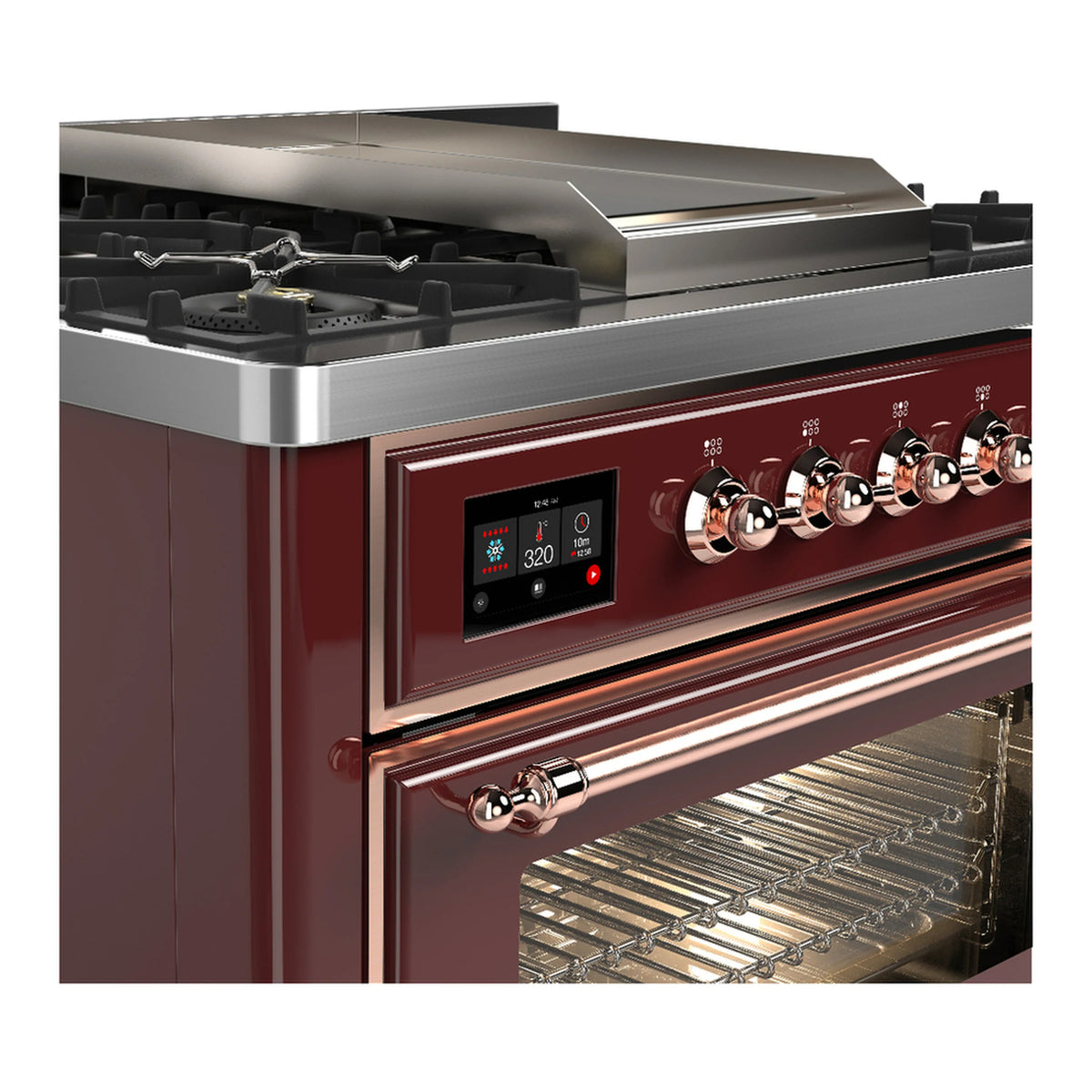 Burgundy dual-fuel range front with copper control knobs and open oven cavity