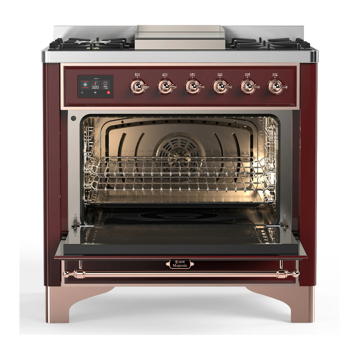Burgundy dual-fuel range with open oven door, racks, and back heating element