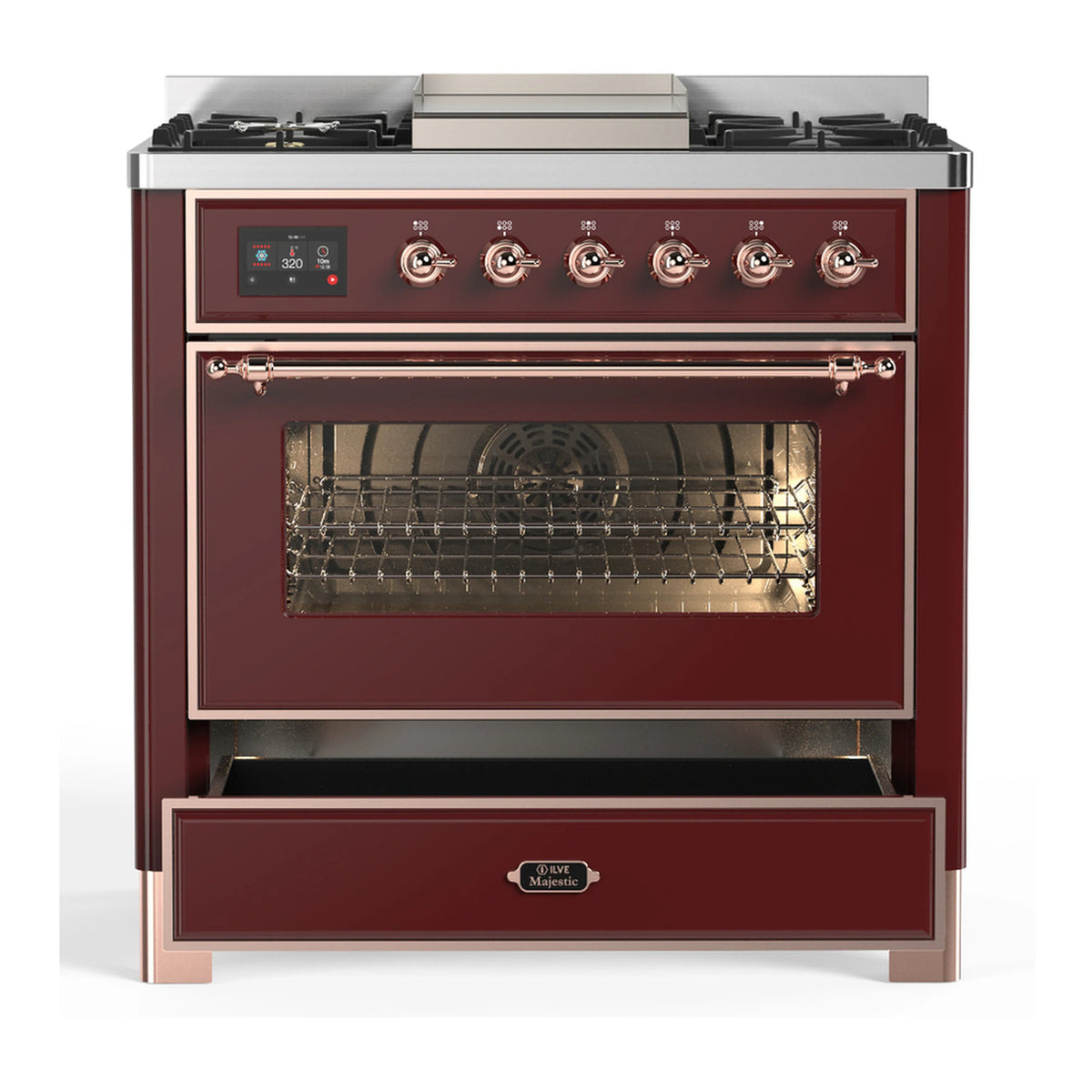 Burgundy dual-fuel range with closed oven door, burner controls, and copper handles