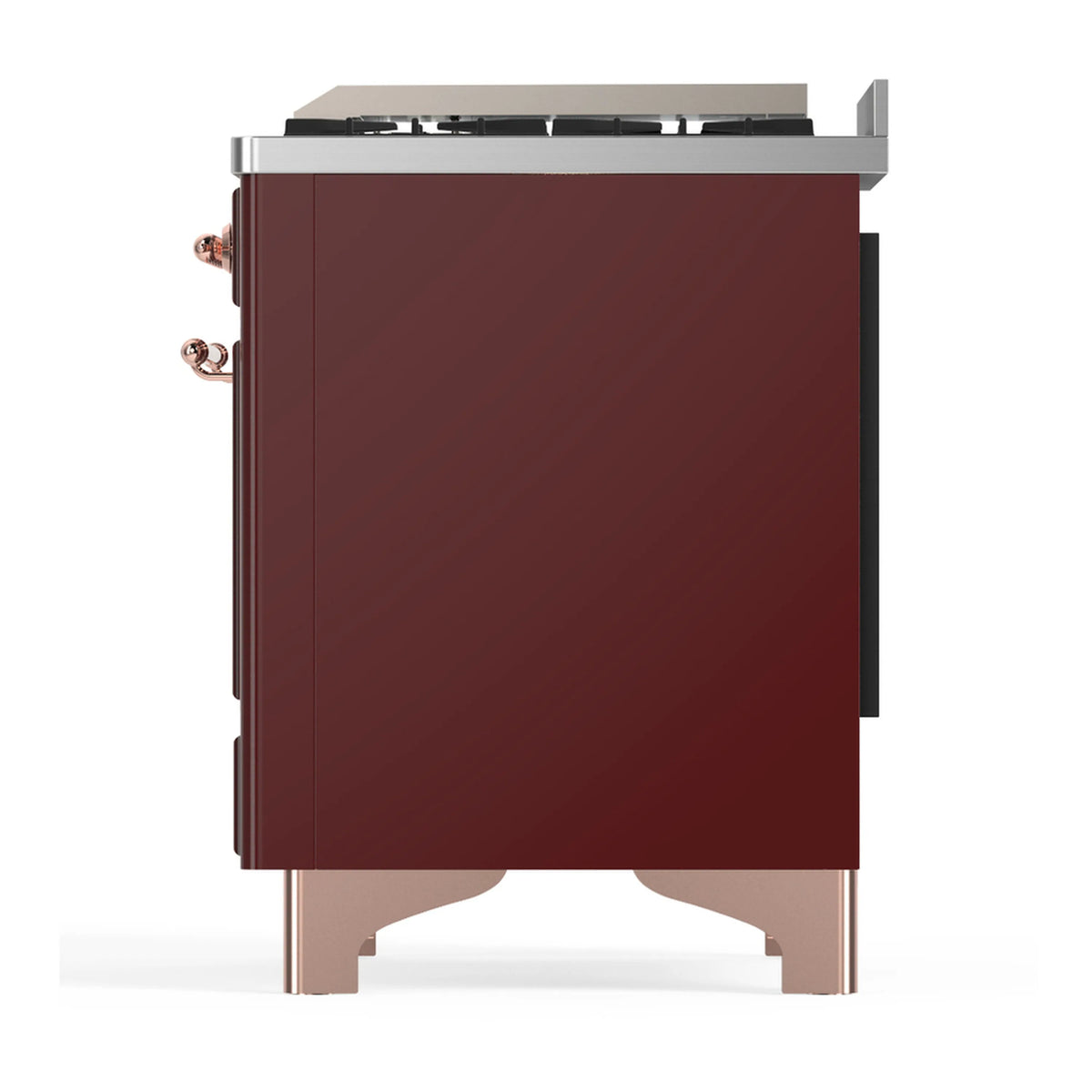 Burgundy dual-fuel range side panel with copper-trim fittings and top burners