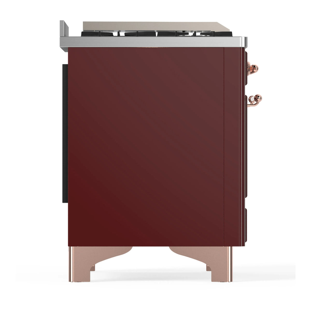 Burgundy dual-fuel range side view with copper-trim details and metal base legs