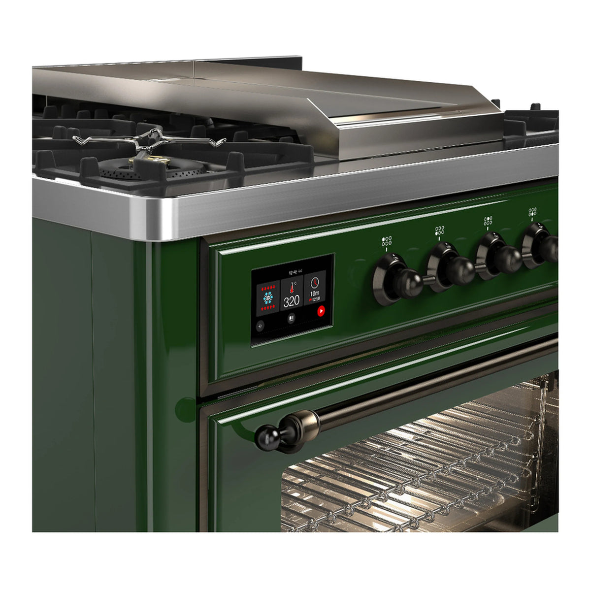 Emerald green range with brushed trim, oven handle, and control panel with knobs